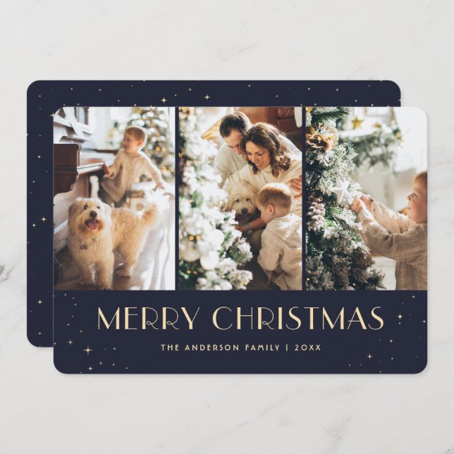 Cartão De Festividades Blue Starry Photo Collage Merry Christmas Card (Frente/Verso)