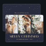 Cartão De Festividades Blue Starry Photo Collage Merry Christmas Card<br><div class="desc">Foto azul moderna Cartão de Natal Merry com uma colagem de três fotos e realçado por estrelas douradas. Personalize facilmente este cartão fotográfico de Natal com as suas fotografias e texto.</div>
