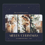 Cartão De Festividades Blue Starry Photo Collage Merry Christmas Card<br><div class="desc">Foto azul moderna Cartão de Natal Merry com uma colagem de três fotos e realçado por estrelas douradas. Personalize facilmente este cartão fotográfico de Natal com as suas fotografias e texto.</div>