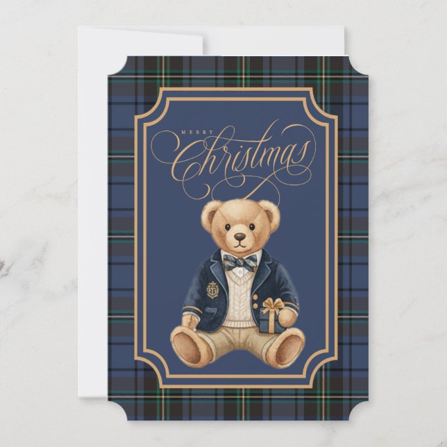 Cartão De Festividades Blue Tartan Plaid | Christmas Teddy Bear (Frente)