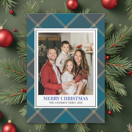 Cartão De Festividades Blue Tartan Plaid with Christmas Family Photo