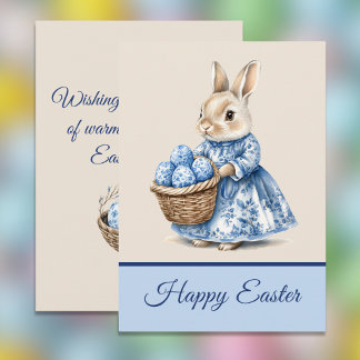Cartão De Festividades Blue Toile Mother Rabbit n Basket of Easter Eggs  