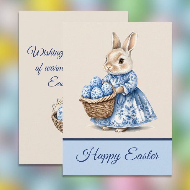 Cartão De Festividades Blue Toile Mother Rabbit n Basket of Easter Eggs   (Criador carregado)