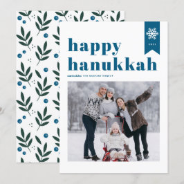 Cartão De Festividades Blue Typografia Snowflakes Foto Feliz Hanukkah