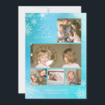 Cartão De Festividades Blue Watercolor Snowflakes Deixe-o nevar Foto<br><div class="desc">Este cartão fotográfico apresenta as suas fotografias e as palavras "Deixe-o nevar" em roteiros de tendências e flocos de neve contra um fundo azul de aquarela. A placa tem um fundo azul sólido do lado de trás. Personalize-o substituindo o texto de marcador de posição e substitua as fotos de amostra/marcador...</div>