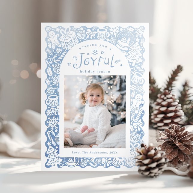 Cartão De Festividades Blue Whimsical Hand Drawn Joyful Holiday Photo (Blue Whimsical Hand Drawn Joyful Holiday Photo)