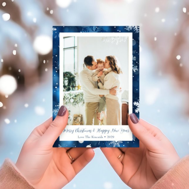 Cartão De Festividades Blue & White Snowflake Christmas Photo Card (Criador carregado)