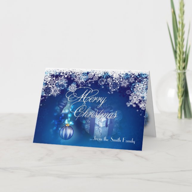 Cartão De Festividades Blue White Snowflake Merry Christmas Card (Frente)