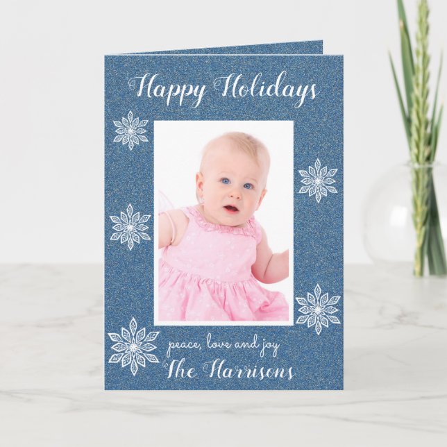 Cartão De Festividades Blue White Snowflakes Holiday Photo Greeting Card (Frente)