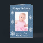 Cartão De Festividades Blue White Snowflakes Holiday Photo Greeting Card<br><div class="desc">A beautiful Holiday Photo Collage Greetings Card with a Blue Faux Glitter Background and White Snowflakes and "Happy Holidays" script which you can change as well as the rest of the text, the Photos, Names and the Personal message from the Personalize Menu. From Customize Further you can change the fonts...</div>