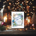Cartão De Festividades Blue Winter Foliage Frame Bíblia Verse Christian<br><div class="desc">Cartão de férias cristão com uma elegante fuselagem de inverno em tons de azul, verde e ouro. "Bênçãos de Natal" e verso das Escrituras do livro de Matthew no Rei James Santa Bíblia: A bênção de Natal atrás pode ser personalizada ou deixada vazio para uma saudação manuscrita.Matthew 4:16 - "As...</div>