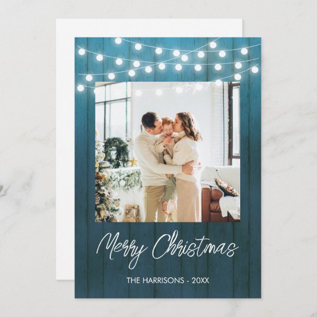 Cartão De Festividades Blue Wood Plate String Lights Foto de Natal (Frente/Verso)