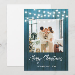 Cartão De Festividades Blue Wood Plate String Lights Foto de Natal