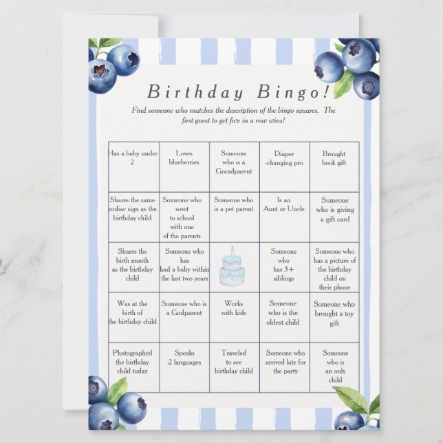 Cartão De Festividades Blueberry  Birthday Find Guest Bingo game card (Frente)
