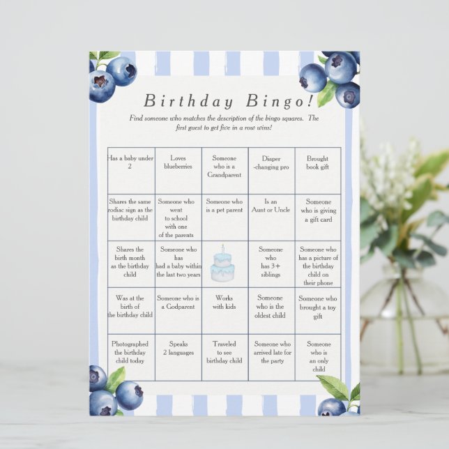 Cartão De Festividades Blueberry  Birthday Find Guest Bingo game card (Em pé/Frente)