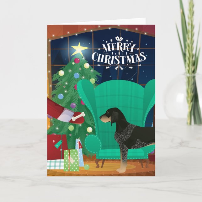 Cartão De Festividades Bluetick Coonhound Christmas Santa's Gift (Frente)