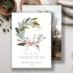 Cartão De Festividades Blush Blue Green Winter Wreath Photo