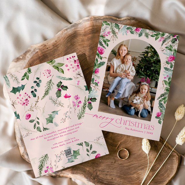 Cartão De Festividades Blush Pink & Greenery Arch Feliz Foto de Natal (Criador carregado)