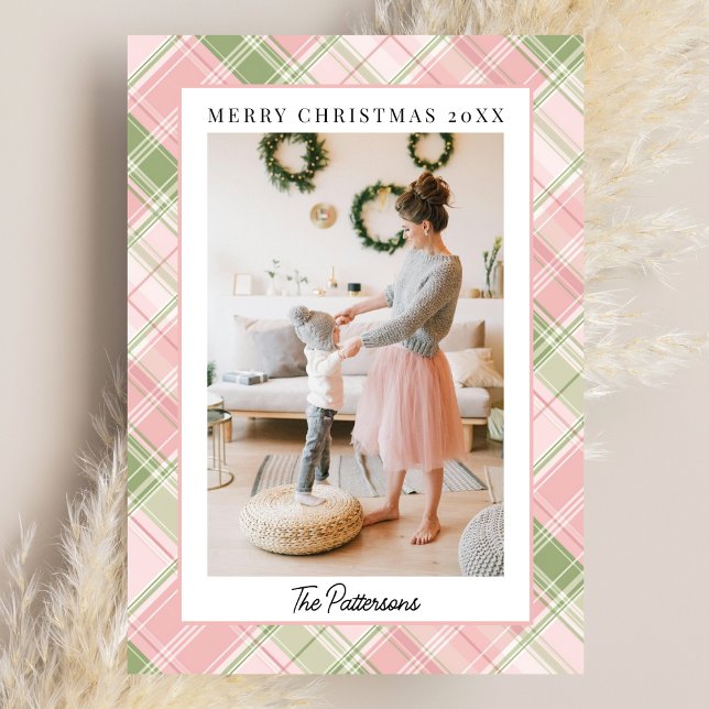 Cartão De Festividades Blush Pink & Sage Green Plaid Photo Christmas (Criador carregado)