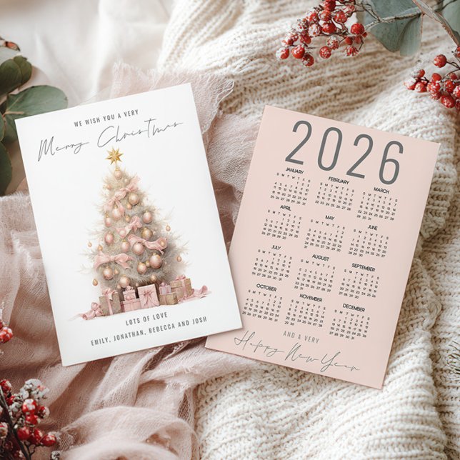 Cartão De Festividades Blush Quirky Tree 2026 Calendar Feliz Natal (front and back view)