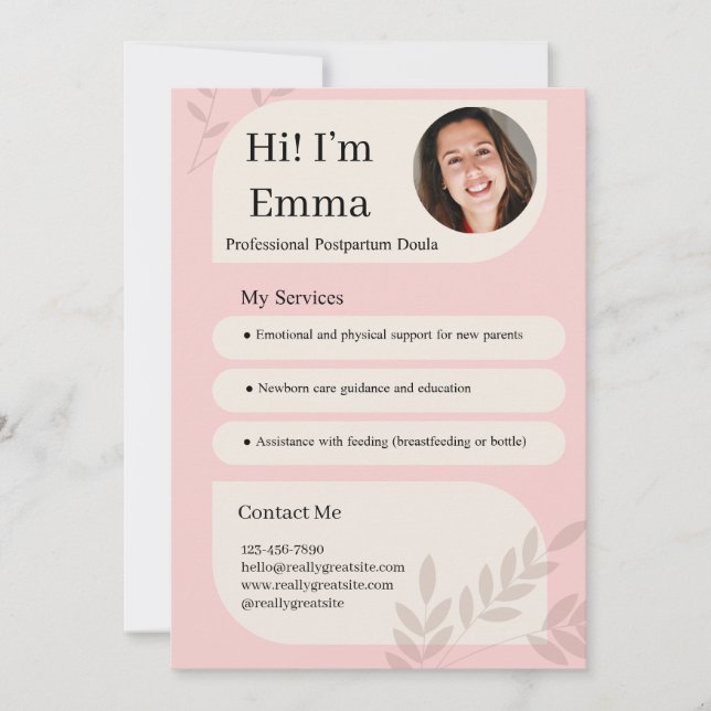 Cartão De Festividades Blush Rosa Design de Doula Pós-parto Profissional (Frente)