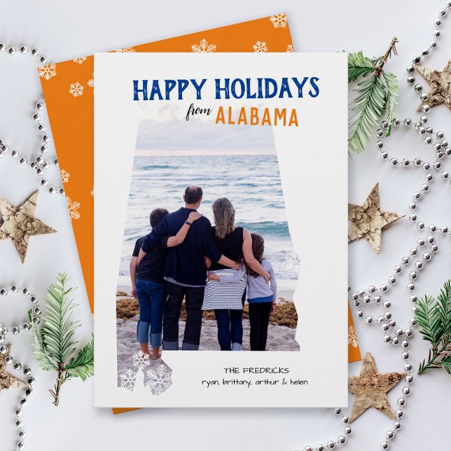 Cartão De Festividades Boas Festas da Alabama One Photo (Happy Holidays Merry Christmas from Alabama state pride one photo family card moving announcement)
