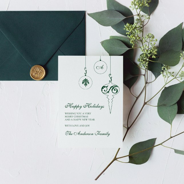 Cartão De Festividades Boas Festas de inverno Verdes Monograma Foto Baubl (Criador carregado)