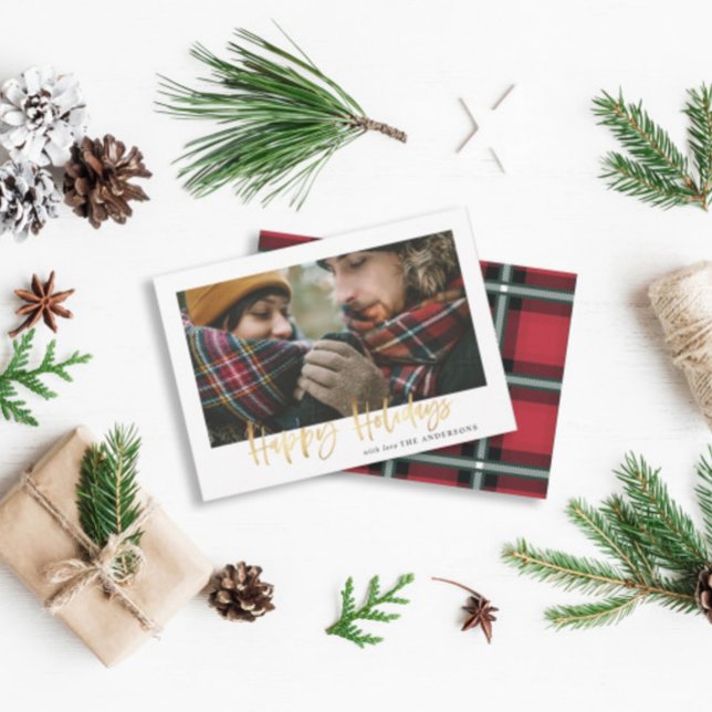 Cartão De Festividades Boas festas de ouro vermelho tartã natal (Criador carregado)