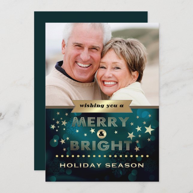 Cartão De Festividades Boas Festas. Foto de Natal em Dourado Verde  (Frente/Verso)