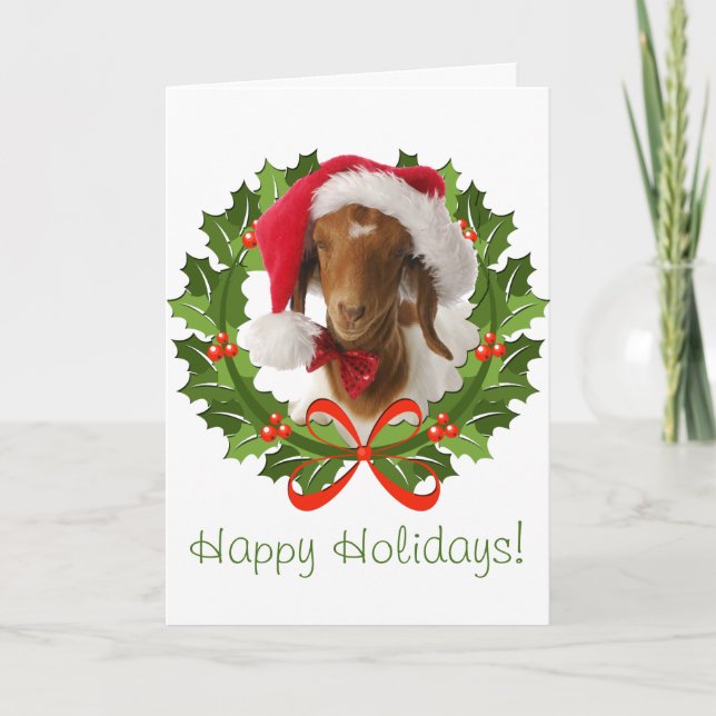 Cartão De Festividades Boer Goat Happy Holidays in Wreath (Frente)