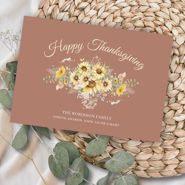 Cartão De Festividades Bohemian Rosa Floral Sunflower Happy Graças (elegant bohemian sunflowers happy thanksgiving cards with no photo family name and message on back)