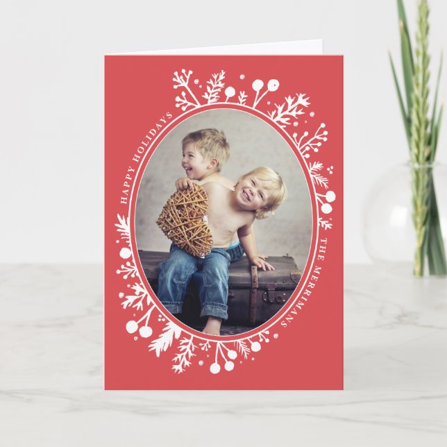 Cartão De Festividades Boho Berries Oval Holiday Folded Photo Card Red (Frente)