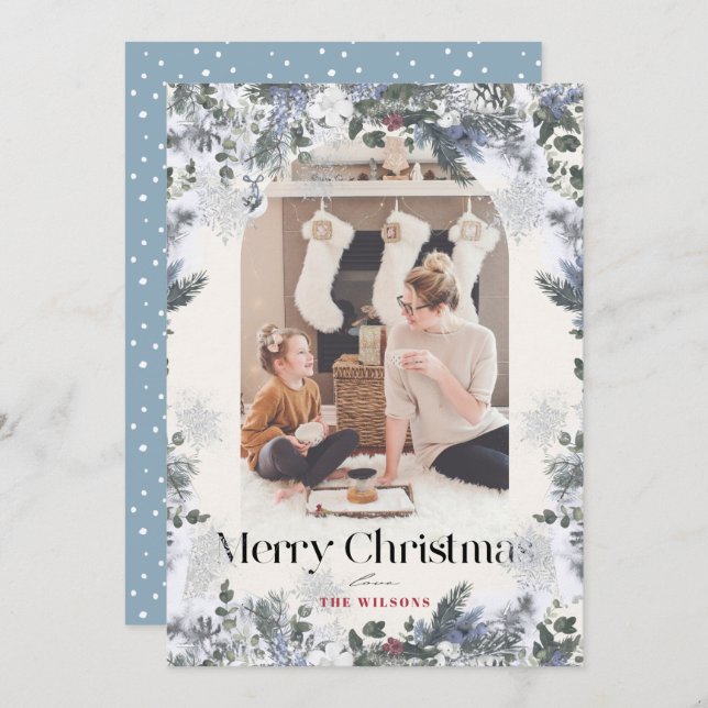 Cartão De Festividades Boho Blue Botanic Arch 4 Foto Natal (Frente/Verso)