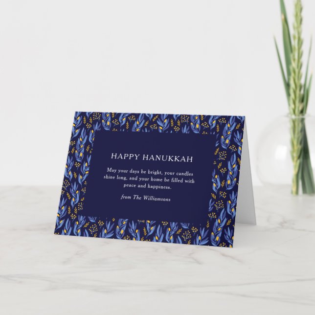 Cartão De Festividades Boho Blue Hanukkah Botanical Custom Blank Folded (Frente)