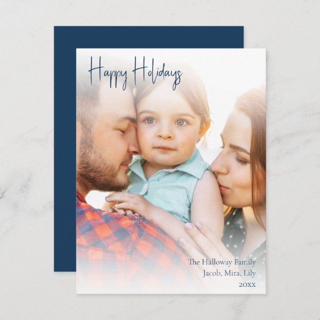 Cartão De Festividades Boho Blue Manuscrito Foto de Cheio de Script Feliz (Frente/Verso)