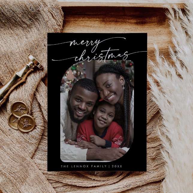 Cartão De Festividades Boho Chic Black Photo Cute Feliz Natal (Criador carregado)