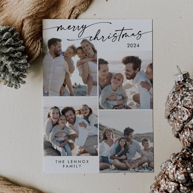 Cartão De Festividades Boho Chic Black White Xmas Foto Natal Única (Criador carregado)