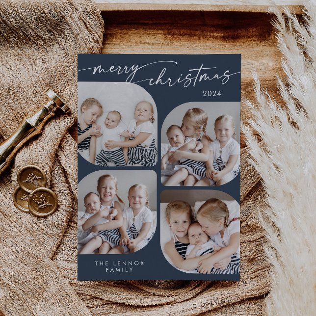 Cartão De Festividades Boho Chic Blue Family Multi Photo Christmas (Criador carregado)