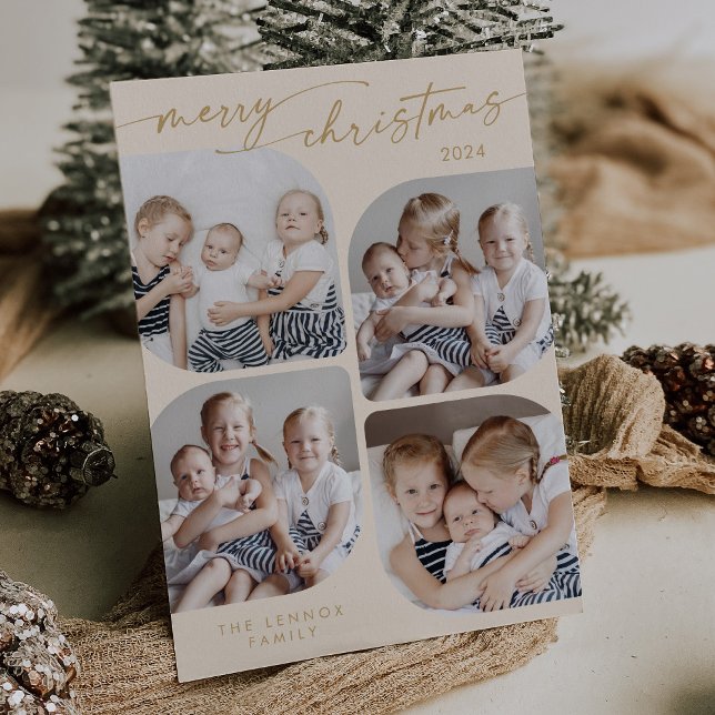 Cartão De Festividades Boho Chic Cream Dourado Família Multi-Foto Natal (Criador carregado)