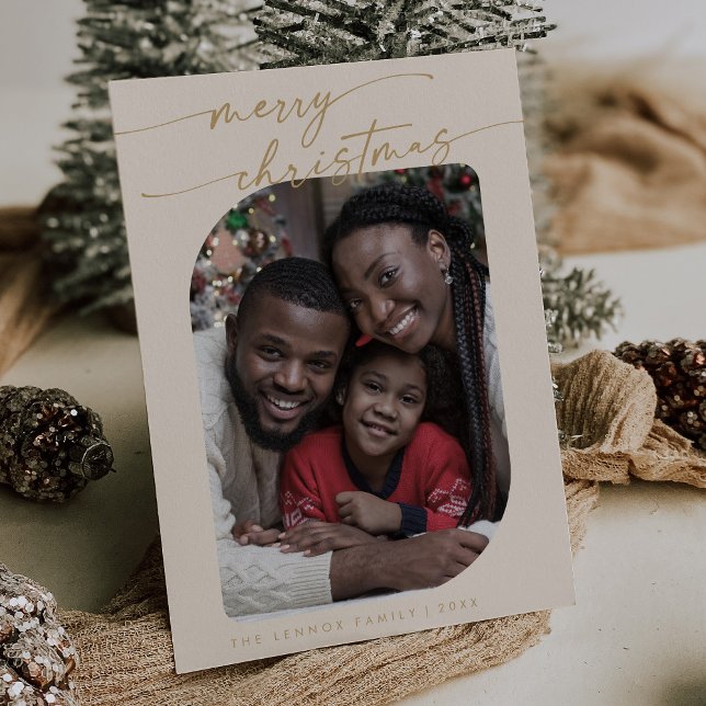 Cartão De Festividades Boho Chic Cream Foto Dourada Feliz Natal Feliz (Criador carregado)