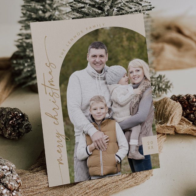 Cartão De Festividades Boho Chic Cream Foto Dourada Moderna Feliz Natal (Criador carregado)