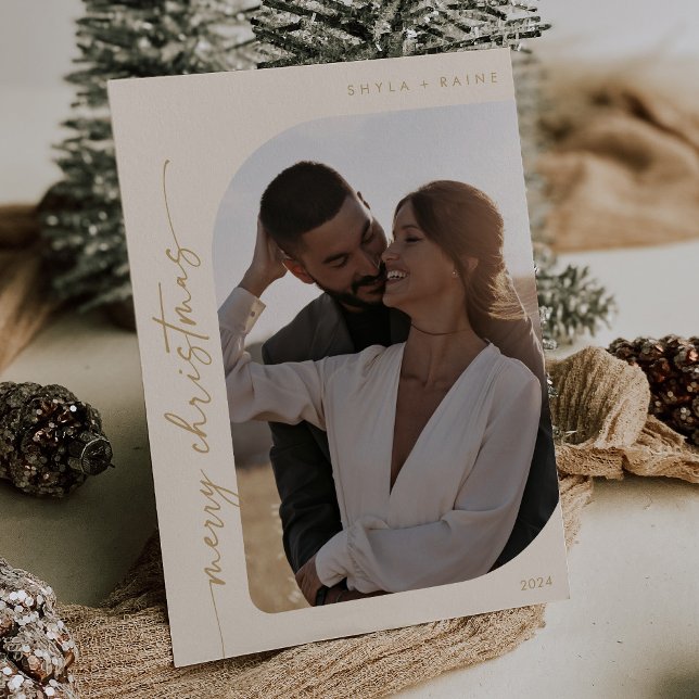 Cartão De Festividades Boho Chic Cream Foto Dourada Simples Feliz Natal (Criador carregado)