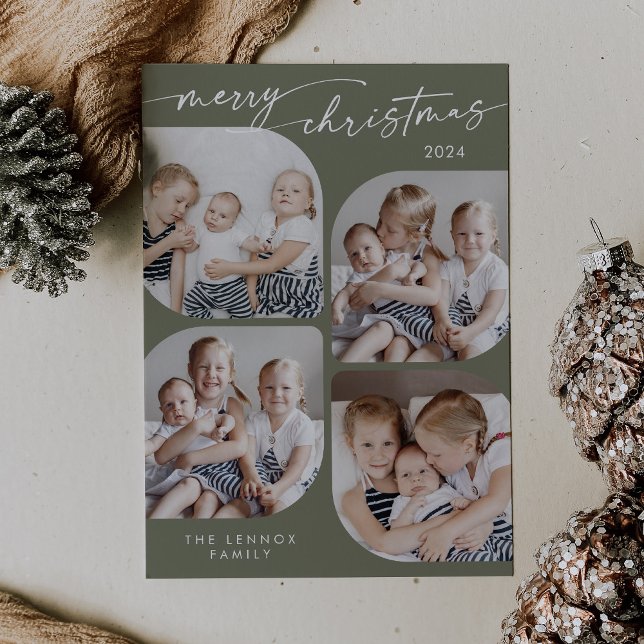 Cartão De Festividades Boho Chic Olive Green Family Multi-Photo Christmas (Criador carregado)