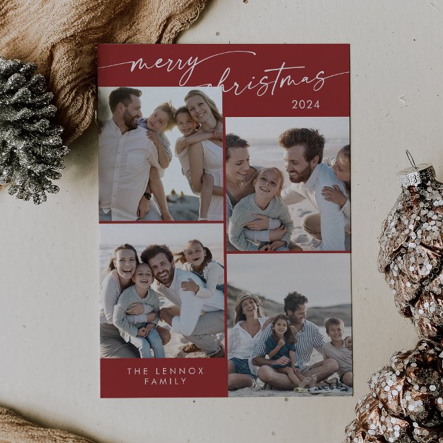 Cartão De Festividades Boho Chic Red Xmas Foto Natal Único (Criador carregado)