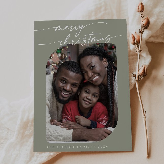 Cartão De Festividades Boho Chic Sage Foto Verde Feliz Natal (Criador carregado)