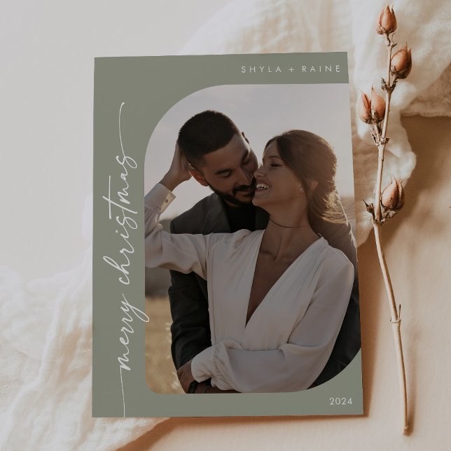 Cartão De Festividades Boho Chic Sage Foto Verde Simples Feliz Natal (Criador carregado)