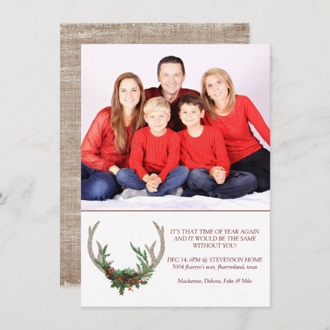 Cartão De Festividades Boho Deer Antlers | Foto Floral de Natal Russo (Frente/Verso)