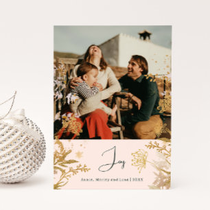 Cartão De Festividades Boho Gold Floral Joy Rosa Foto Vertical Natal