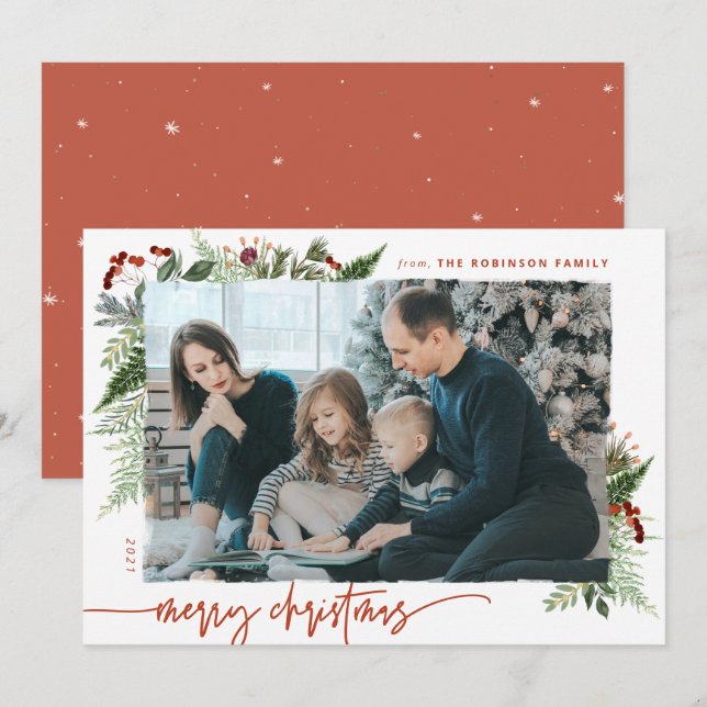 Cartão De Festividades Boho Greenery Terracotta Rust Foto de Natal (Frente/Verso)