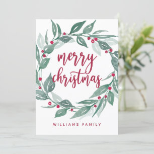 Cartão De Festividades Boho Greenery Wreath Red Berries Feliz Natal